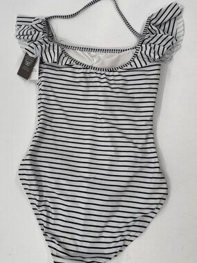 Vince Camuto Swimsuit Womens 10 One-Piece Black White Ruffle Shoulders $114 NEW